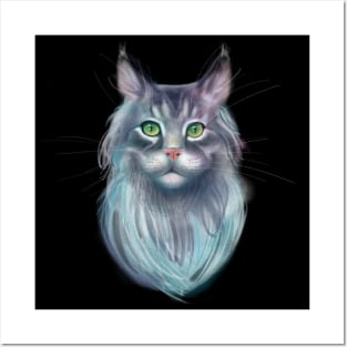 Grey Maine Coon Cat with Green Eyes Posters and Art